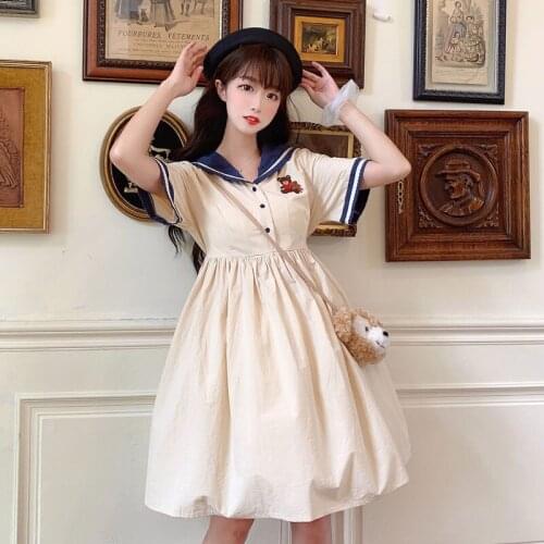 Japan Kawaii Women Dress Sweet Girl One Piece Princess Dress Midi Robe 2021 Summer Navy Collar Petal Sleeve Solid Color Dresses