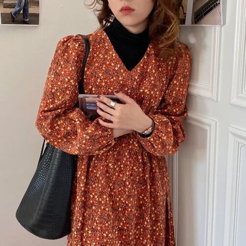 2021 New Women Spring Corduroy V Neck Long Floral Dress Bandage Slim Waist Sashes A-line Midi Dresses Full Sleeve
