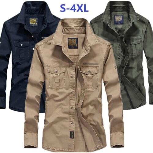 2021 Autumn 100% Cotton Tactical Combat Mens Shirt Business Casual Fashion Outdoor Classic Slim Fit Lapel Sports Tops Plus Size