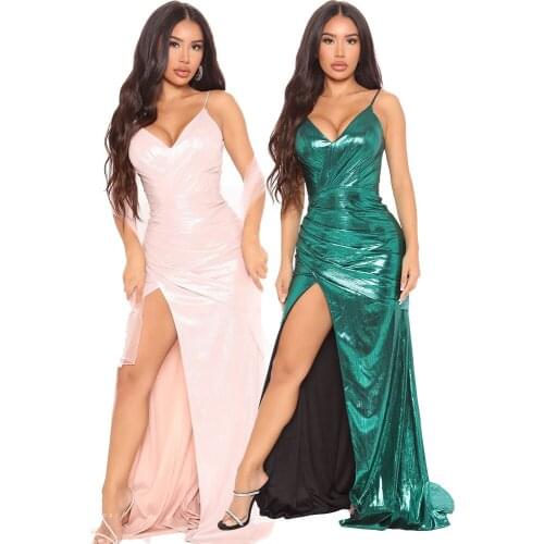 4 Colors Fashion Women V-neck Dress High Street Shiny Evening Party Dresses Sexy Sleeveless Backless Sheath Bag-hip Long Dresses