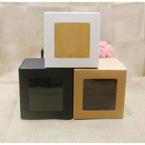 7*7*7cm 3color white/black/kraft stock paper box with clear pvc window .favors display /gifts&crafts paper window packing box