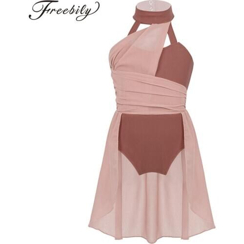 Kids Sleeveless Ruched Chiffon Bodice Backless Gymnastics Leotard Girls Ballet Dress Child Contemporary Lyrical Dance Costumes