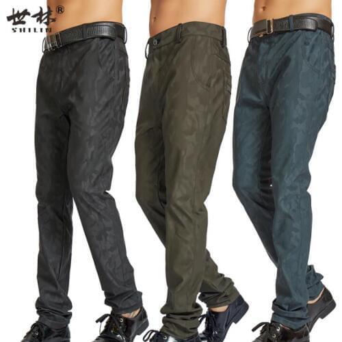 Camouflage personality fashion motorcycle faux leather pants mens feet pants slim pu trousers for men pantalon homme spring