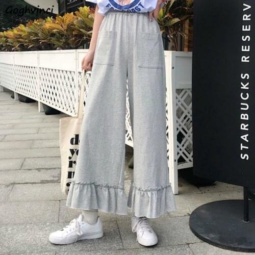 Wide Leg Pants Women Solid Pleated Ruffle Leisure Elegant Simple Ankle-length Trousers Womens Loose Sweet Ins Streetwear Ulzzang