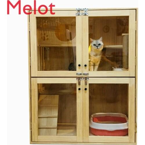 Solid Wood Cat Nest Cat Villa Solid Wood Cat Cabinet Cat Cage Two-Layer Practical Medium Pet Cage Cattery Cat Cage Cat