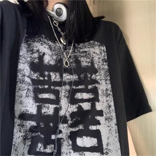 Cool Chinese T-Shirt Femme Oversized Loose T Shirts Streetwear Summer Half Sleeve Casual O Neck Tops High Street Tshirt Women