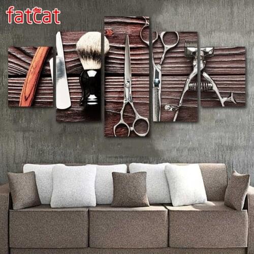 FATCAT 5 Panels hair dressing hair salon Diy Diamond Painting Full Square Round Drill Diamond Embroidery Sale Home Decor AE851