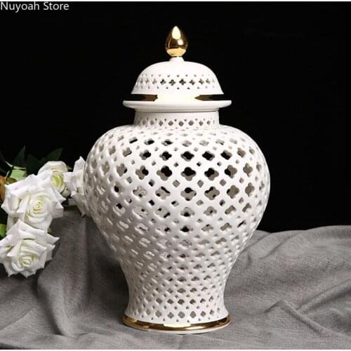 Gold and White Ceramic Hollow Storage Tank Dried Flower Flower Arrangement Accessories Handicraft Ornaments Home Decoration