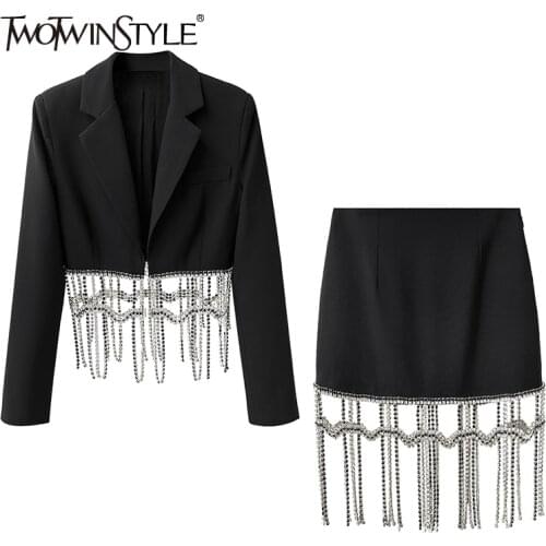 TWOTWINSTYLE Chains Pockets Two Piece Set Women Notched Long Sleeve Blazer High Waist Skirt Womens Set Autumn Style 2021 New