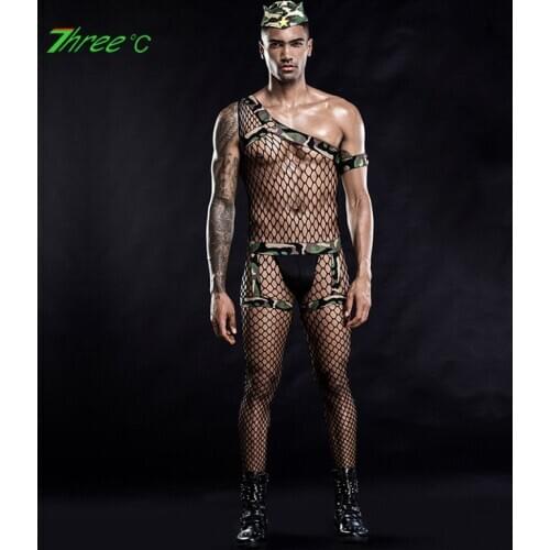 Mens Camouflage Sexy Lingerie Army Soldier Cosplay Uniform Nightclub Performance Costume Fishnet Bodysuit Gay Man Body Stocking