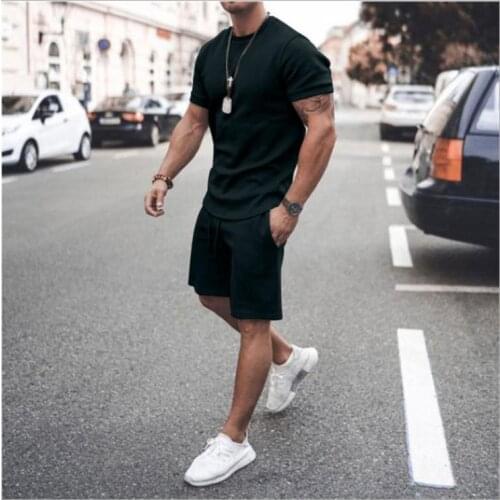 Mens Two Pieces Clothes Set Solid Color O Neck Short Sleeve T-Shirt + Shorts with Pocket Summer Outfits Plus Size Male Clothing