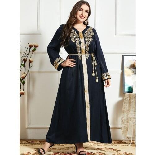Autumn Black Maxi Dress for Women 2021 Elegant Ethnic Casual V Collar Long Sleeve Arabic Clothes Loose Plus Size Djellaba Femme