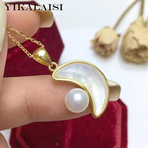 YIKALAISI 925 Sterling Silver Necklaces Jewelry For Women 6-7mm Round Natural Freshwater Pearl Moon Pendants Wholesales
