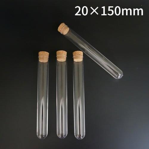 20pcs/lot 20x150mm Rigid Plastic Test Tube With Cork Stopper Round Bottom Container For School Laboratory