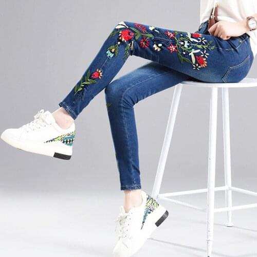 Skinny Embroidered Floral denim pants Womens High waist Stretch pant jeans casual Korean high-quality Pencil cowboy trousers
