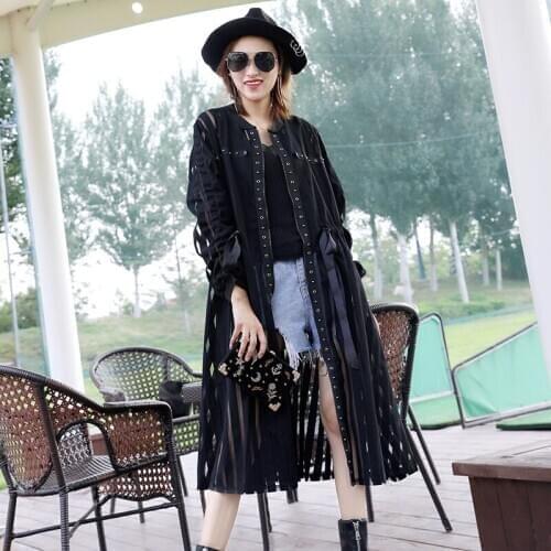 Woman Long Jacket Mesh Patchwork Plus Size Clothing for Women 2021 Black Rivet Windbreaker Casual Vintage Chic Overcoat XC169