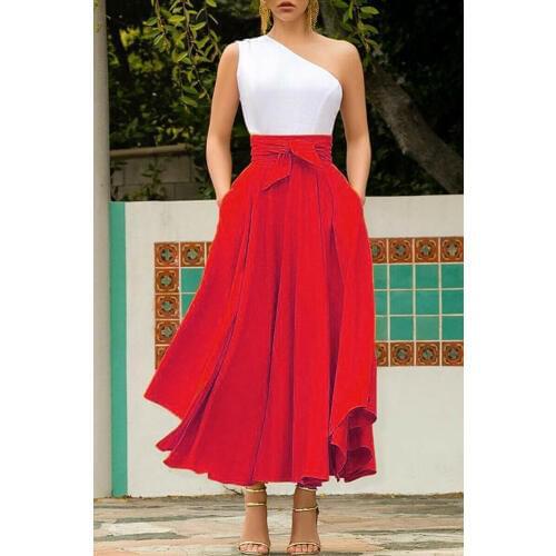 Women Red Maxi Skirt High Waist Pleated Skirt Holiday Beach Party Solid Color Long Skirts Bandage Bowknot Big Swing Skirts