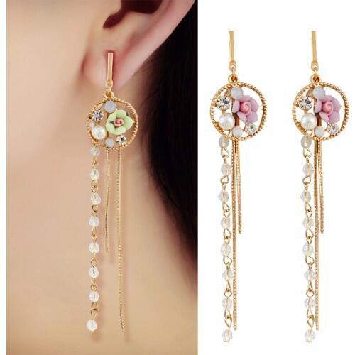 Exquisite Fashion Rose Pearl Paint Round Earrings Long Personality Stone Crystal Chain Tassel Earrings Goddess Retro Jewelry