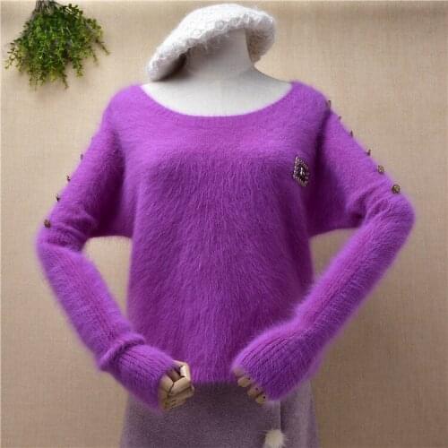 Female women pull rose hairy angora rabbit hair knitted long sleeves o-neck slim blouses pullover mink fur winter jumper sweater