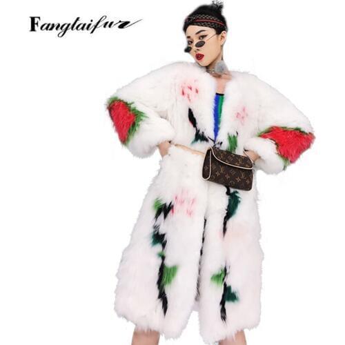Fang Tai Fur 2019 Weave Women Import Fox Fur Coat O-Neck Loss Slim Fox Fur Coat Womens Print Flower Real X-Long Fox Fur Coats
