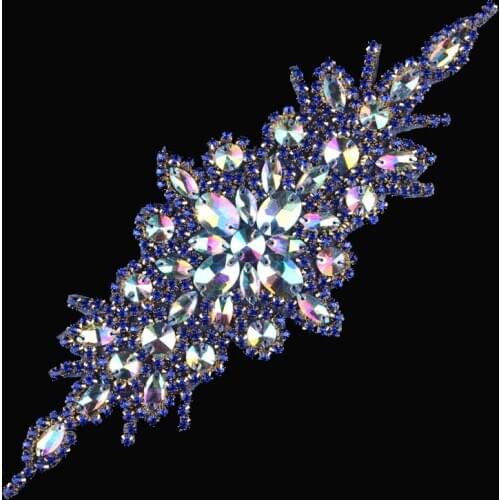 30pcs/lot)Handmade Cute Beaded Blue Rhinestone Appliques Motif Patch Hot Fix Crystal Trimming DIY Girl Wedding Headbands/Belt