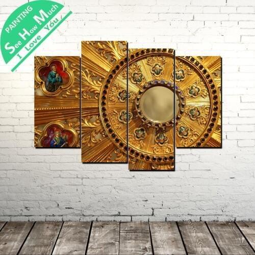 4 Piece Catholic Gold Patternwall art decor poster vintage decorative pictures canvas prints painting wall pictures for bedroom