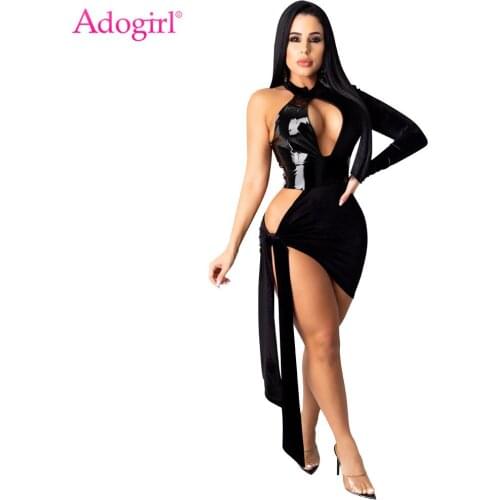 Adogirl 2021 Sexy Faux PU Patchwork Velvet Mini Dress One Long Sleeve Hollow Out Side Lace Up Vestidos Night Club Irregular Robe