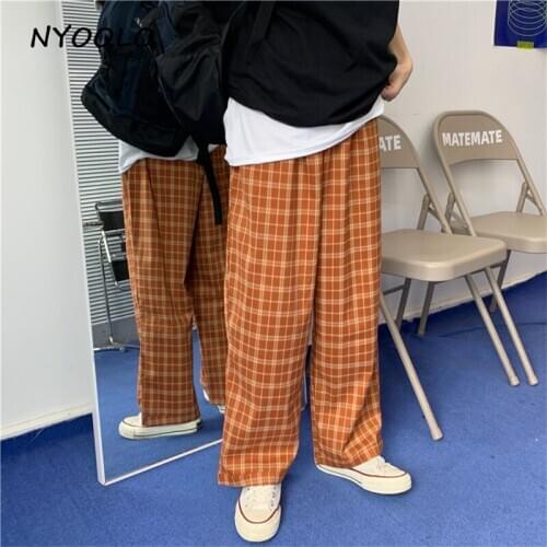 NYOOLO Casual streetwear plaid loose wide leg pants women Summer vintage elastic waist ankle length pants