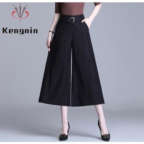 Chiffon Women Trousers 2021 Summer Anklet-Length Thin Ladies Wide Leg Pants Loose Casual Black Female Capris KN202