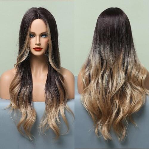 Long Body Wave Wigs Ombre Black Brown Synthetic Wigs for Women Middle Part Natural Cosplay Party Daily Use Heat Resistant Fiber