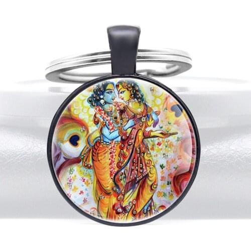 Classic Radhe Krishna Design Glass Cabochon Metal Key Chain Charm Men Women Key Ring Jewelry Gifts Keychains