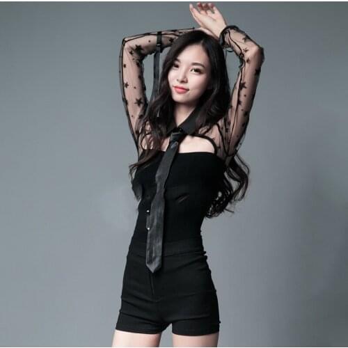 Balck Star Pattern Lace Sleeve Korean Costumes Women Jazz Singer Dancer Cheerleading Dance Clothes Rave Dance Wear XS1141