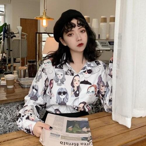 Fashion Women Long Sleeve Cartoon Girls Print Buttons Shirt Loose Blouse Top