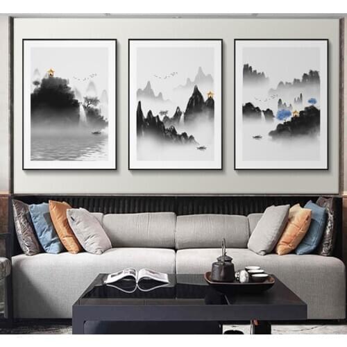 Chinese Style Sea n Mountain Landscape Canvas Painting Poster Print Simple Decor Wall Art Pictures For Living Room Bedroom Aisle