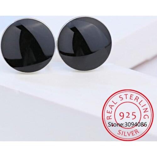 Real 925 Sterling Silver Geometric Round Square Triangle Heart Black Enamel Stud Earrings For Women Party fine Jewelry