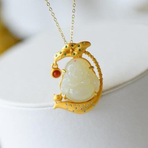 Natural Jade Hotian Jade Pendant Womens S925 Pure Silver Embeded Jade White Jade Maitreya Buddha Big Belly Smile Buddha Necklac