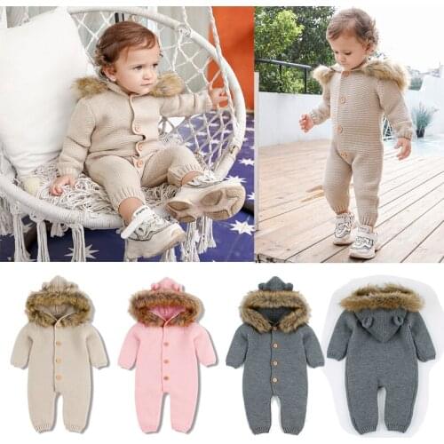 Infant Baby Clothing Knitt Romper Clothing Warm Outfit Newborn Autumn Winter Boys Girls Knitted Cardigan Fur Hooded Clothes