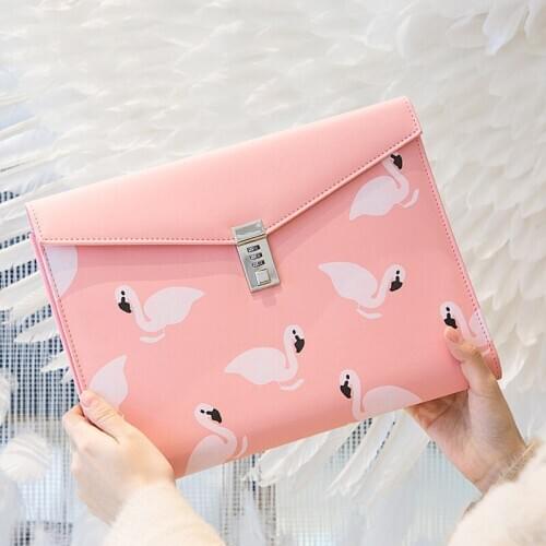 A4 File Folder with Lock ,Flamingo Document Organizer Bag,PU Cabinet Case for Office Supplies School Pad folio Holder Box briefc