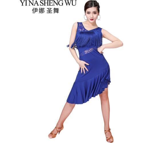 New Women Latin Dance Performance Dress Dance Competition Tassel Dress For Ballroom Salsa Cha Cha Dancewear Practice Lace Dress