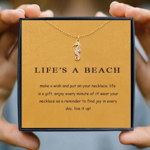 Icareu Beach Gold Hippocampus Necklace Women Wedding Jewelri Animal Alloy Clavicle Short Plated Chain Pendant Jewelri Box Gift