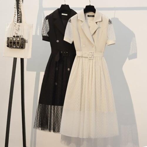 Plus size office ladies elegant mesh patchwork dresses Summer short sleeve notched blazer long top and mesh skirts suit 4XL