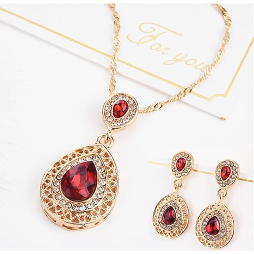 Luxury Red Crystal Jewelry Sets Water Drop Cubic Zirconia CZ Stone Necklace Earring Set Woman Wedding Accessory Valentine Gifts