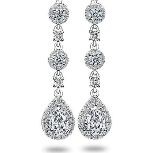 Classic Engagement Party Jewelry 18k White Gold Pear Shape Moissanite Diamond Wedding Long Dangle Earring for Women