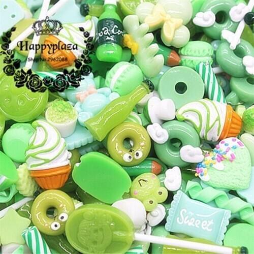 Mix Designs 20pcs Fresh Green Color Dessert Cartoon DIY Resin Flatback Cabochon Lucky Bag DIY Phone Case Beauty Cra
