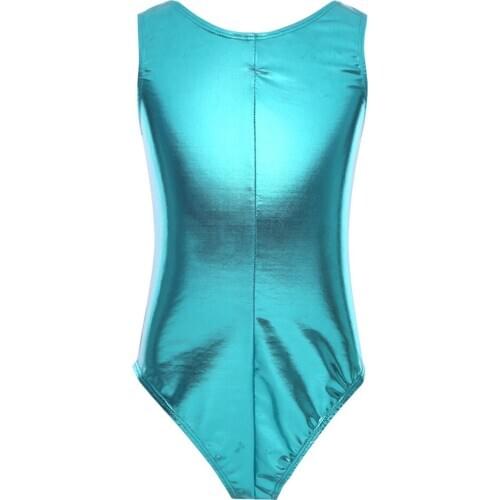 Kids Sleeveless Shiny Patent Leather Professional Gymnastics Leotard Girls Ballet Dancewear Stage Performance Dance Costume