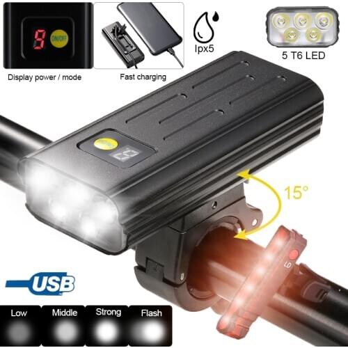 Smart Outdoor Bicycle Light 5 T6 LED Digital Display Bike Front Lamp Waterproof USB Rechargeable Cycling Headlight Power Bank