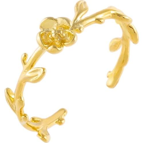 2021 Spring Fashion Women Girl Jewelry Open Adjusted Finger Band Gold Color Bloom Flower Leaves Natural Ring