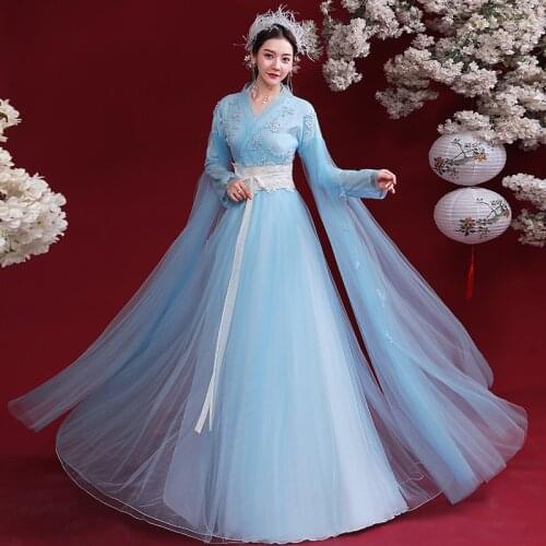 XinHuaEase Womens Hanfu Chinese Dresses Cosplay Fairy Elegant Ancient Style Female Classical Folk Dance Company Costume Blue