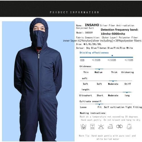 Genuine INSAHO silver fiber EMF shielding overalls,shielding efficiency of 55DB radiation protective winter overalls ,SHD009