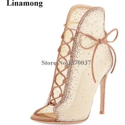 Women Elegant Open Toe Beige Mesh Rhinestone Thin Heel Short Boots Lace-up Crystal Cut-out High Heel Ankle Booties Wedding Shoes